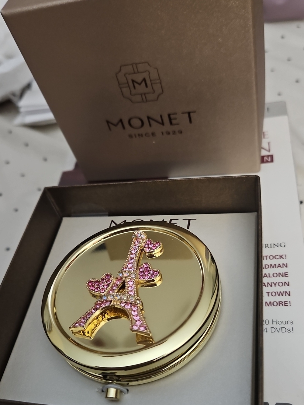 Monet Compact Double Mirror Gold Tone Pink Eiffel Tower Hearts And Crystals